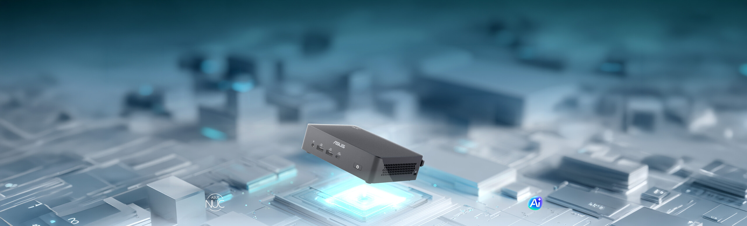 华硕 NUC 16 迷你主机亮相于极具未来感的数字化平台之上，全面展现其智慧性能、多元功能以及强大的 AI 驱动实力。