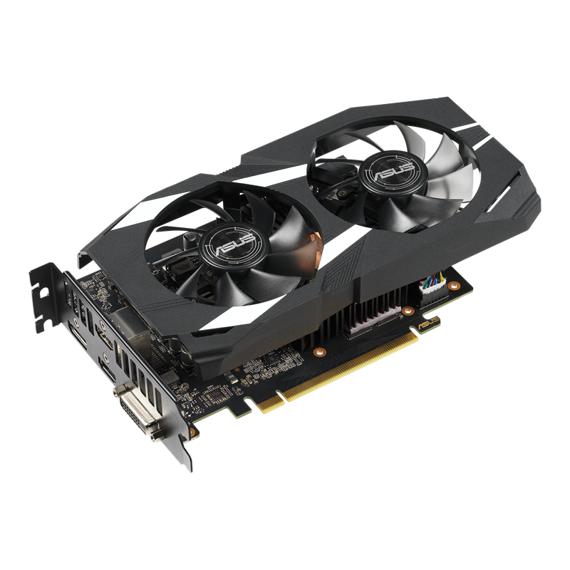 Dual GeForce GTX 1660 Ti graphics card, front angled view, highlighting the fans, I/O ports