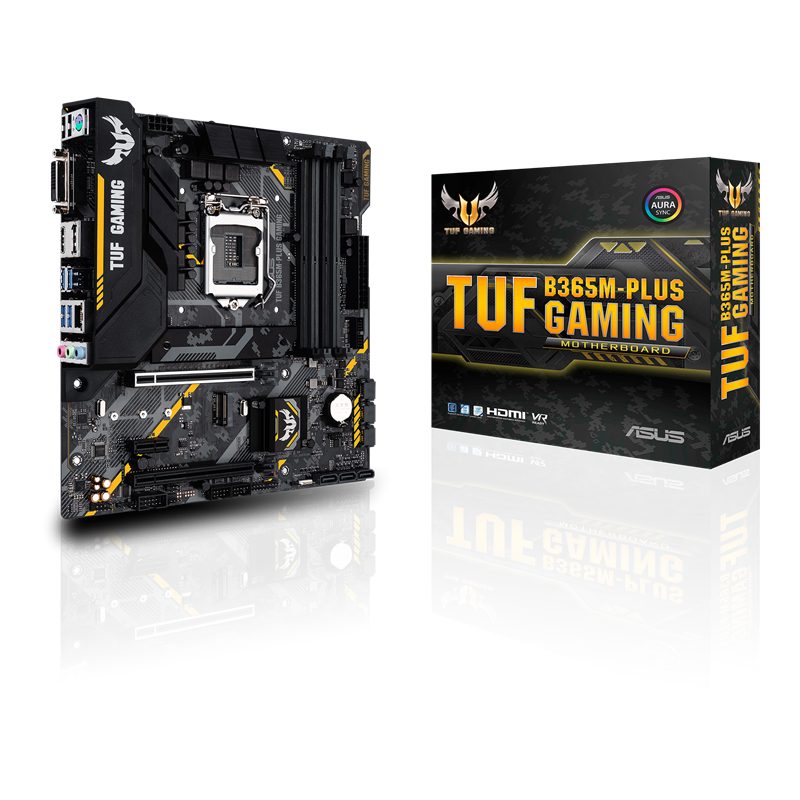 TUF B365M-PLUS GAMING front view, 45 degrees, with color box